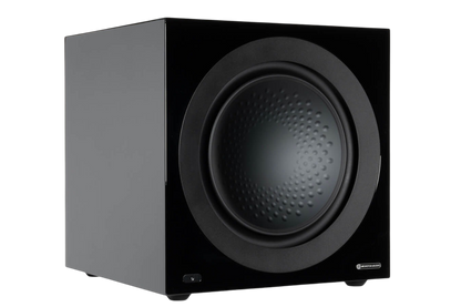 Salon 1 Audio Monitor Audio Anthra W15 flagship powered subwoofer in a sleek black finish with a 15-inch driver.