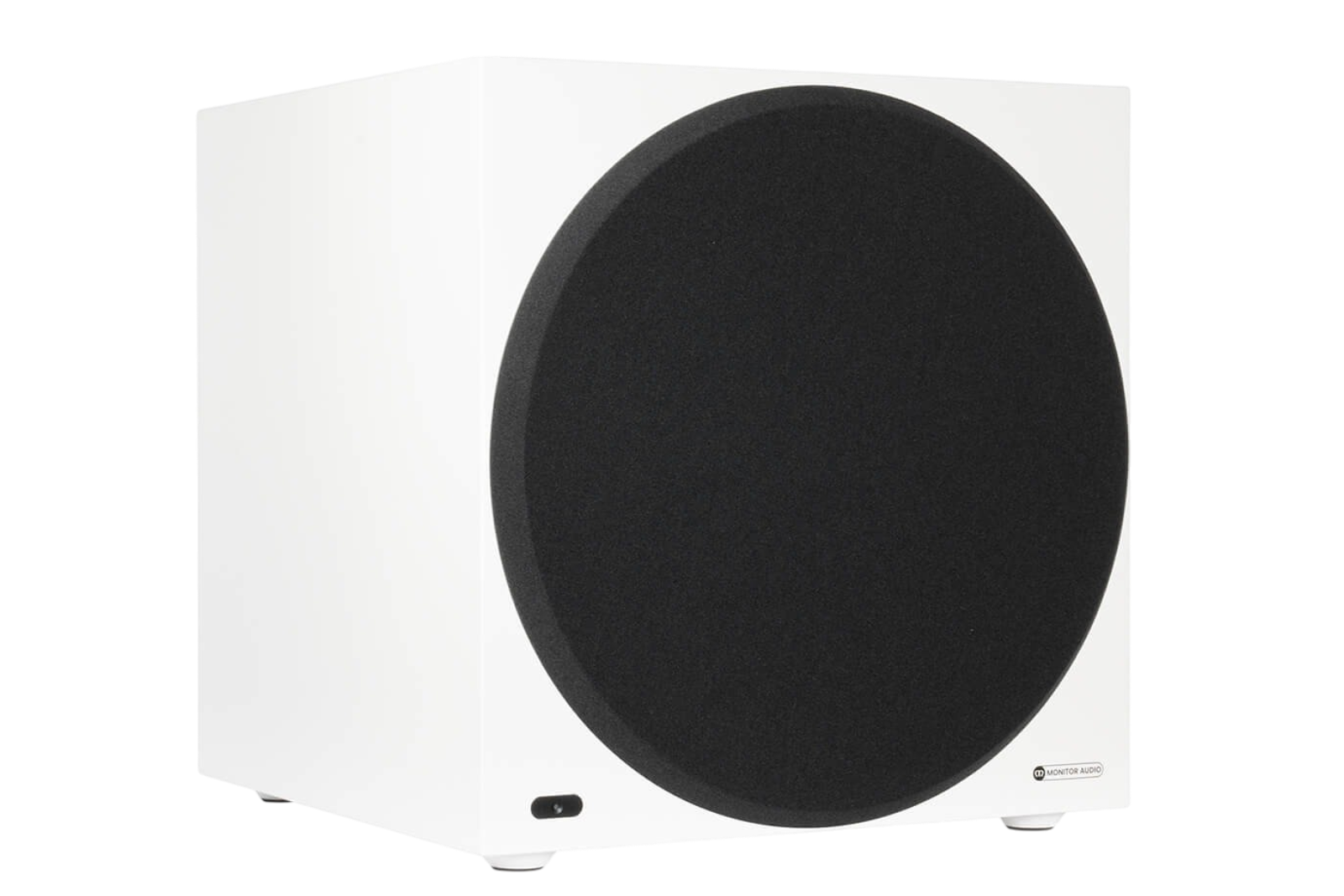 Salon 1 Audio Monitor Audio Anthra W15 white powered subwoofer with a large black circular driver grille.