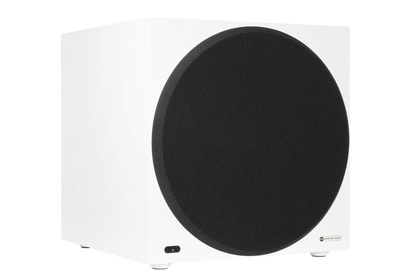 Salon 1 Audio Monitor Audio Anthra W15 white powered subwoofer with a large black circular driver grille.
