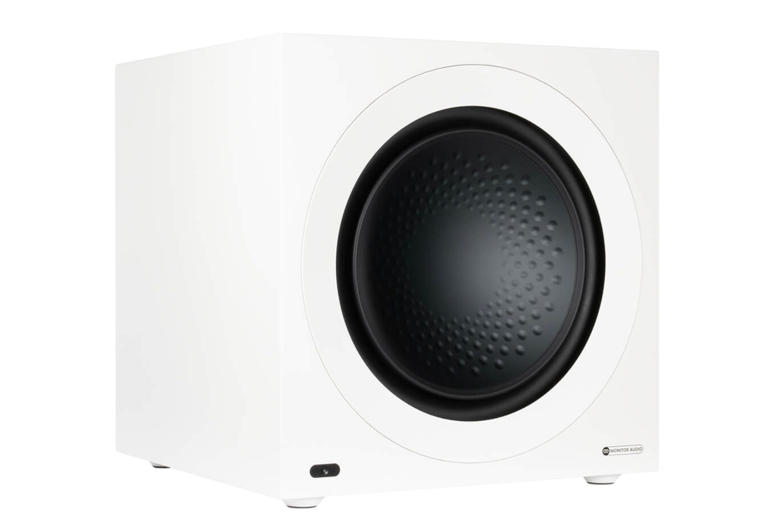 Salon 1 Audio Monitor Audio Anthra W15 white powered subwoofer with a 15-inch RST II C-CAM driver in a sealed cabinet