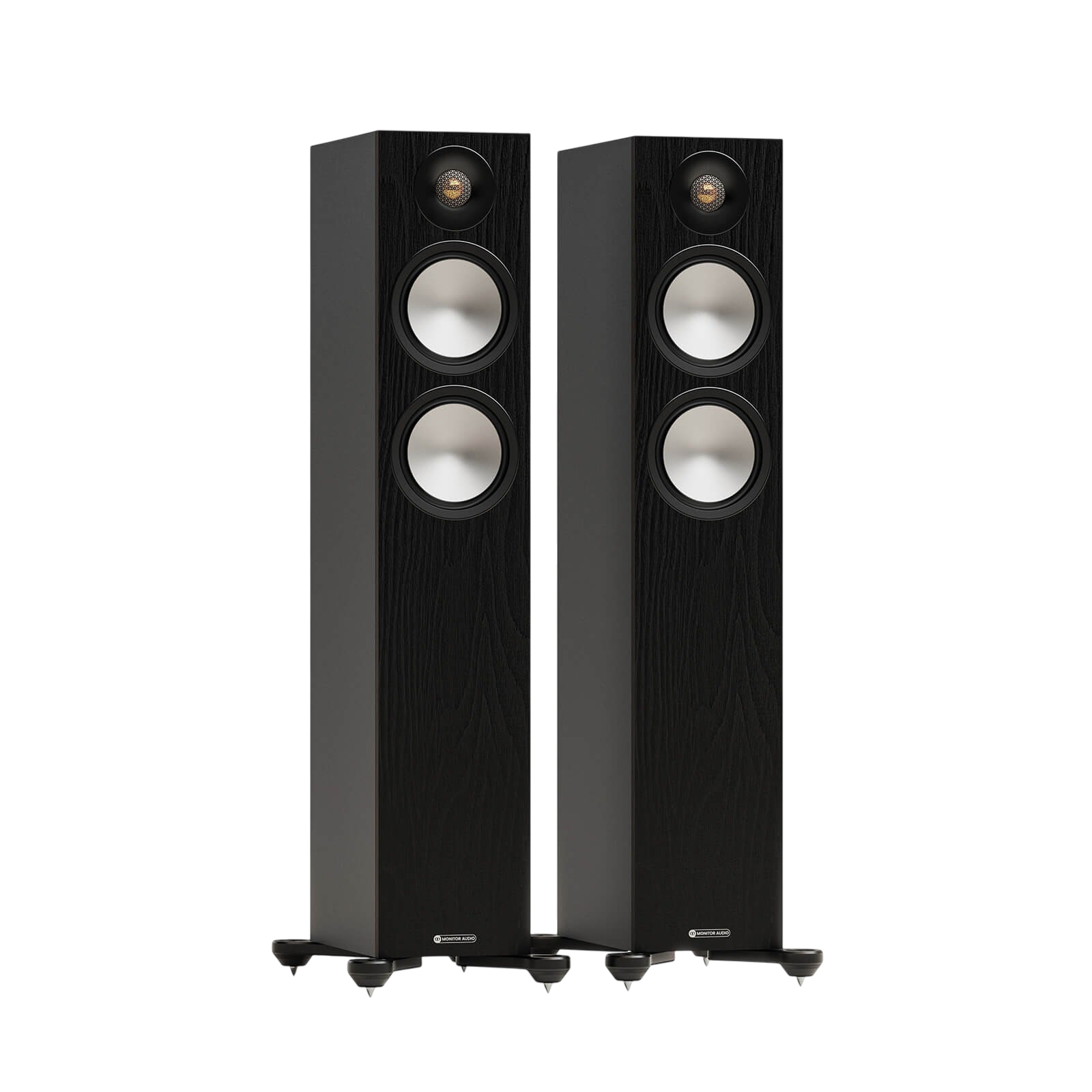 Salon 1 Audio pair of black Monitor Audio Bronze 300 7G floorstanding speakers with C-CAM drivers on outrigger feet.