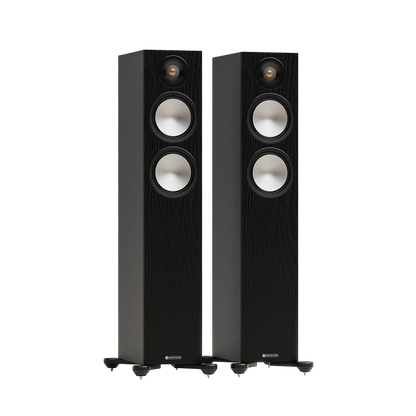 Salon 1 Audio pair of black Monitor Audio Bronze 300 7G floorstanding speakers with C-CAM drivers on outrigger feet.