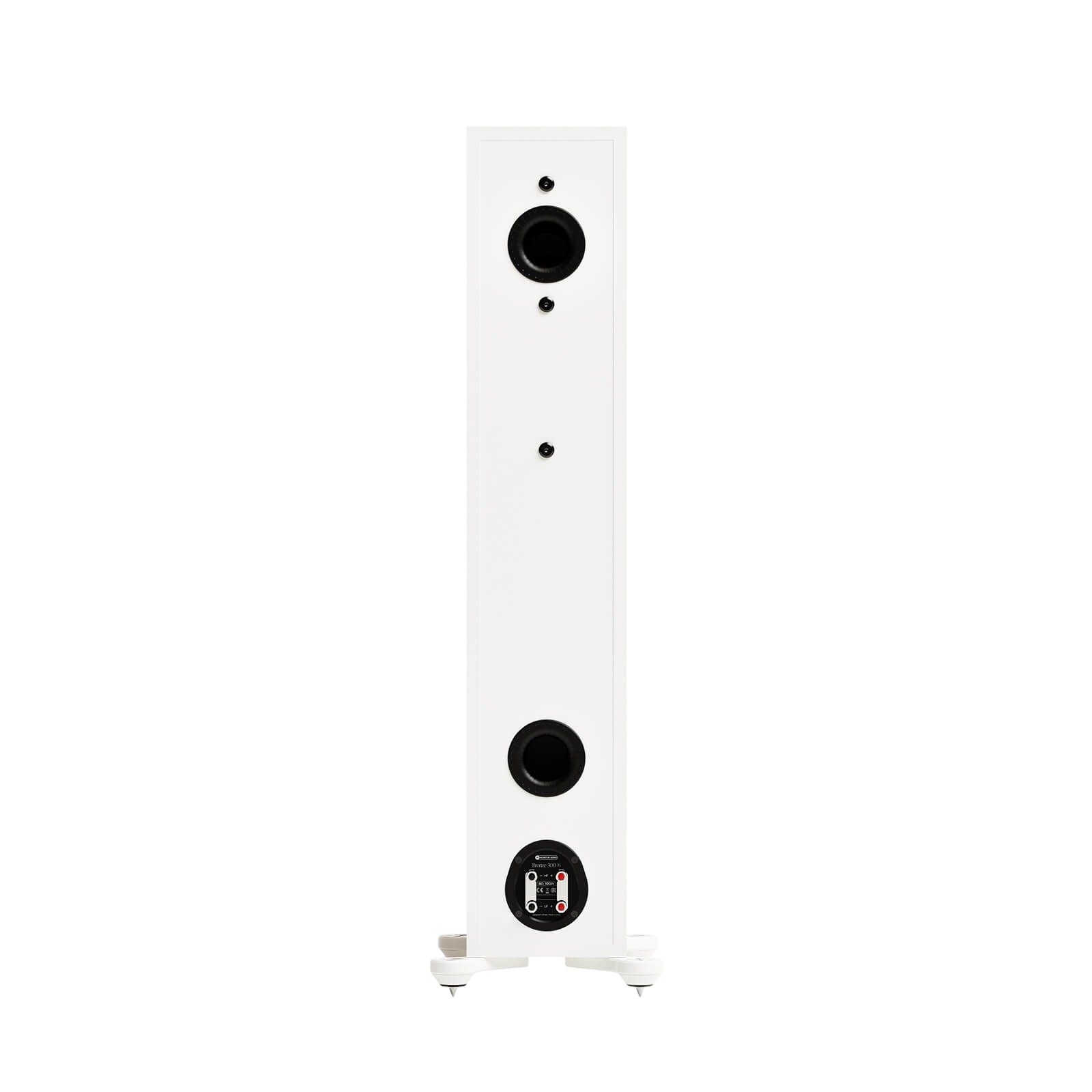 Salon 1 Audio Monitor Audio Bronze 300 7G floorstanding speaker in white, rear view showing bass reflex ports.