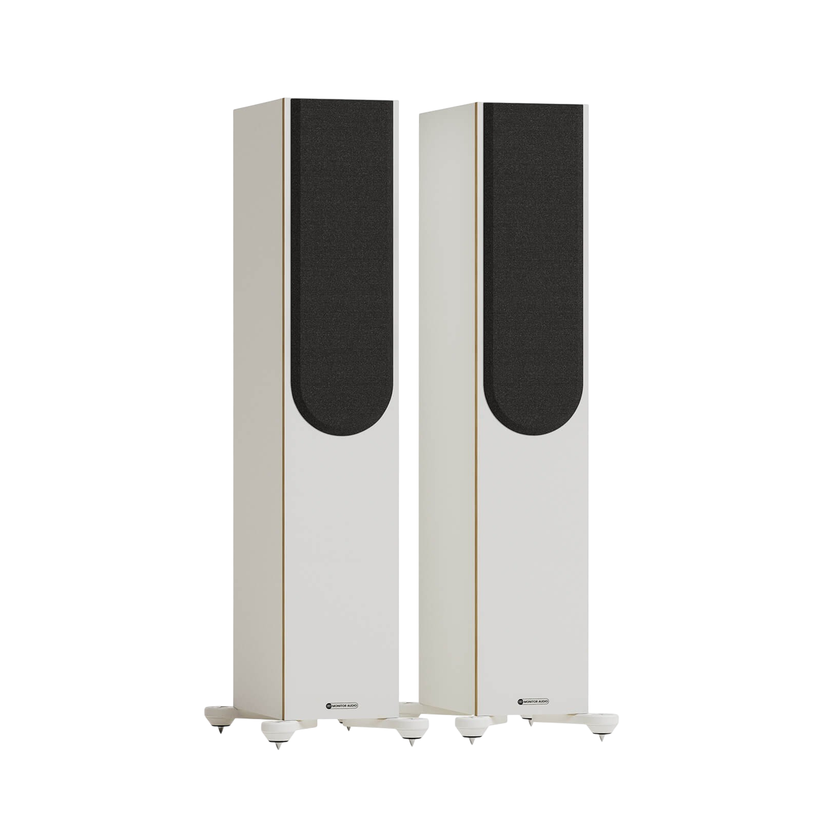 Salon 1 Audio Monitor Audio Bronze 300 7G white floorstanding speakers with black grilles on outrigger feet.