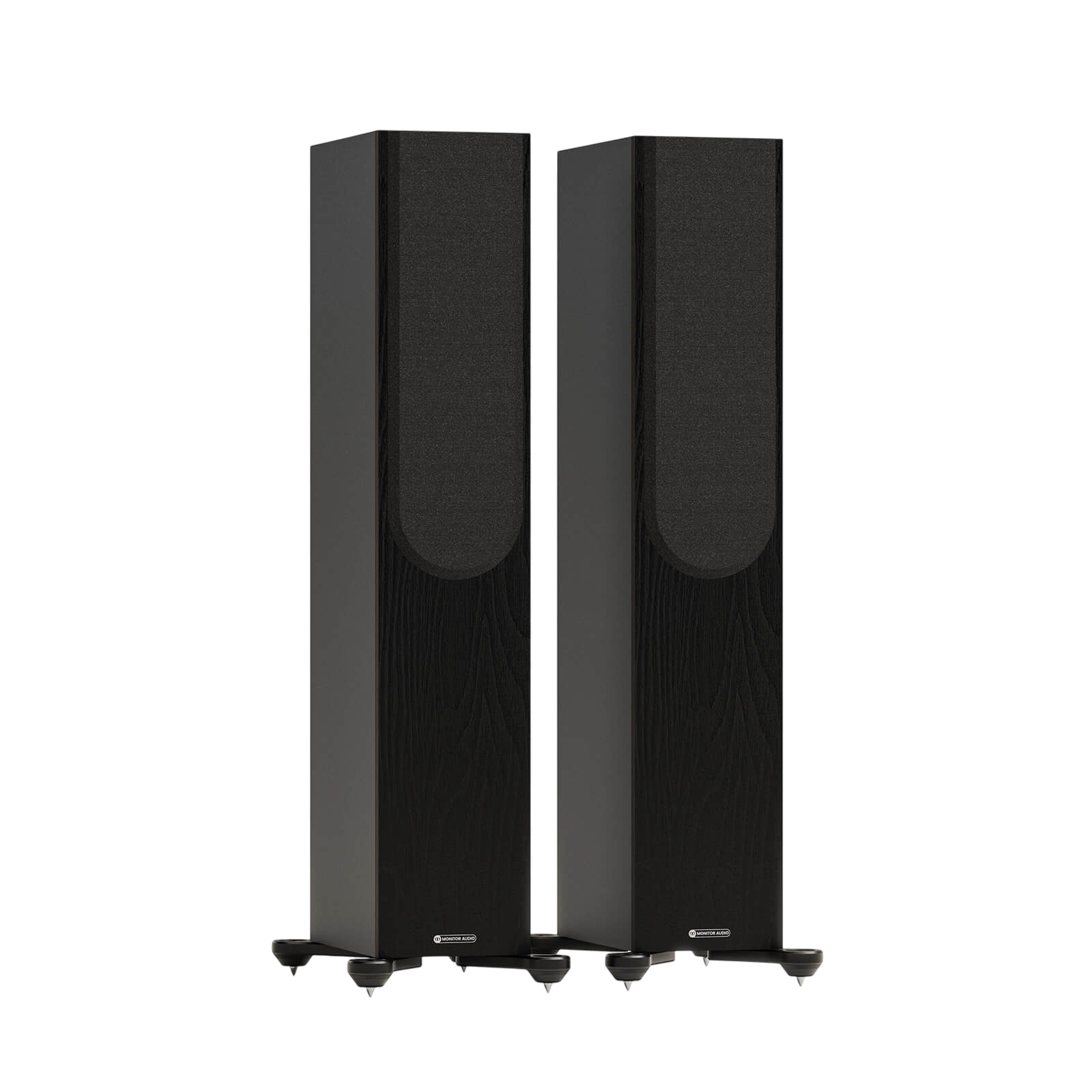 Salon 1 Audio Monitor Audio Bronze 300 7G black floorstanding speakers with grilles on and stable outrigger feet.