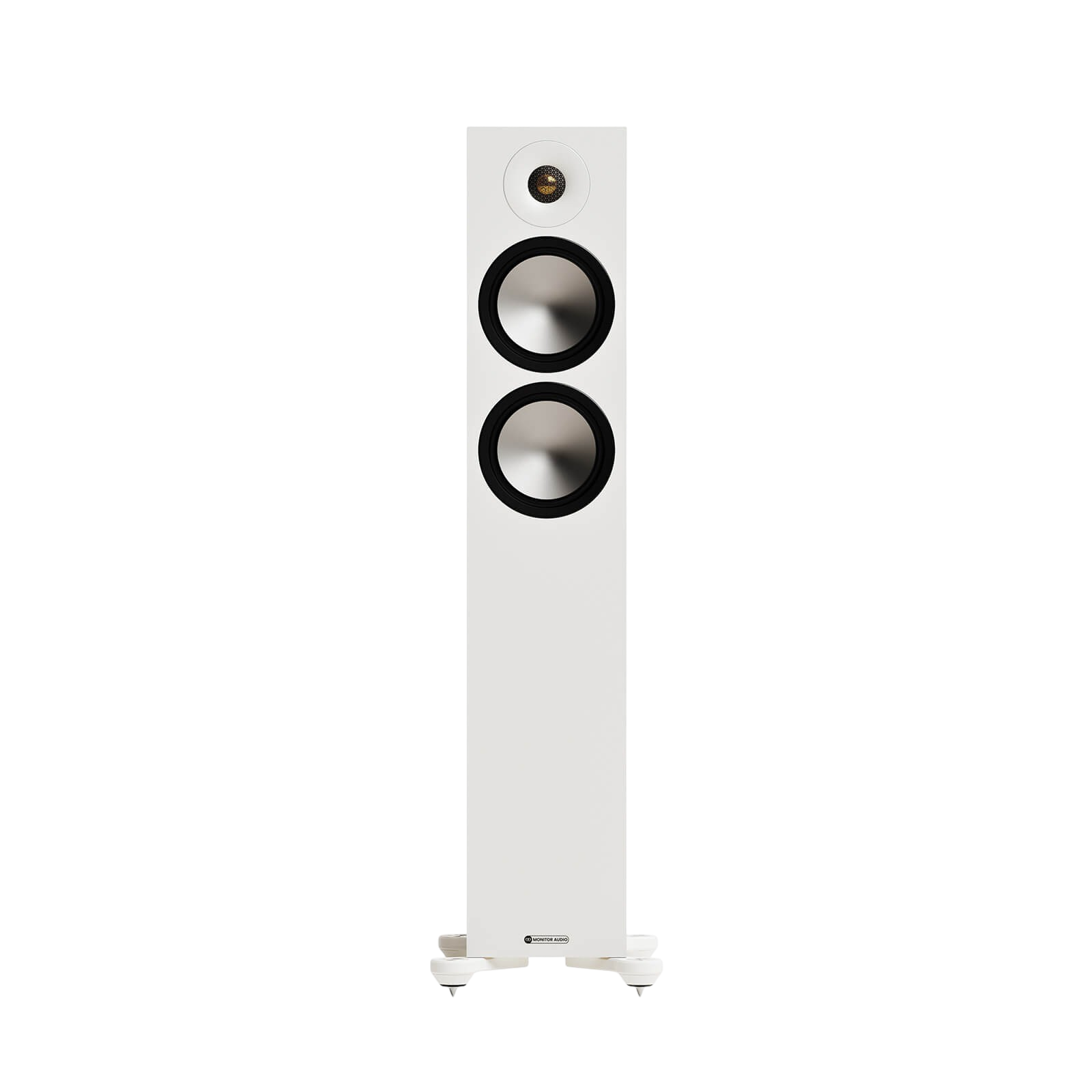 Salon 1 Audio Monitor Audio Bronze 300 7G white floorstanding speaker with C-CAM drivers and gold dome tweeter