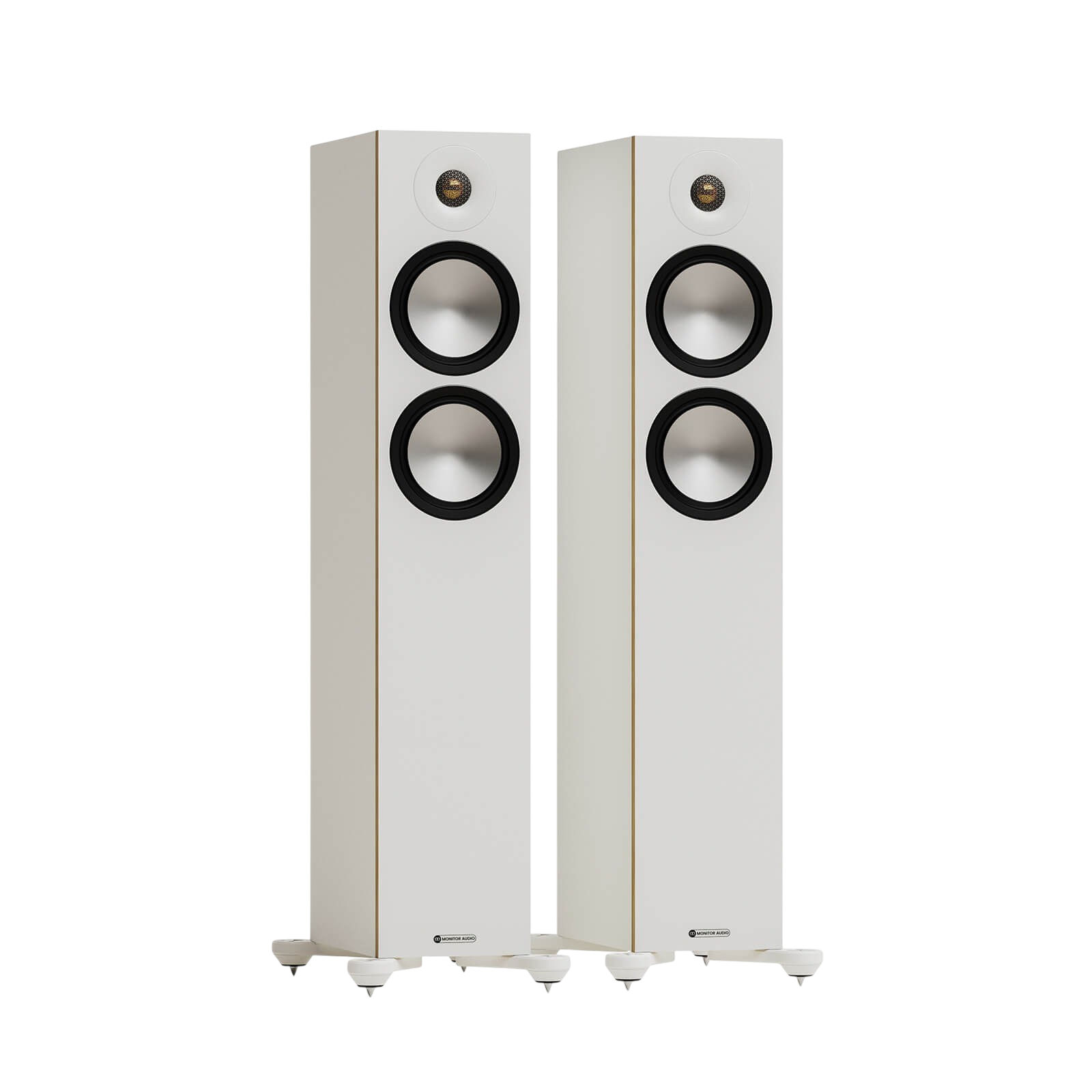 Salon 1 Audio Monitor Audio Bronze 300 7G white floorstanding speakers with C-CAM drivers and gold dome tweeters.