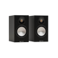Salon 1 Audio pair of black Monitor Audio Bronze 50 7G bookshelf speakers with gold dome tweeters and silver drivers.