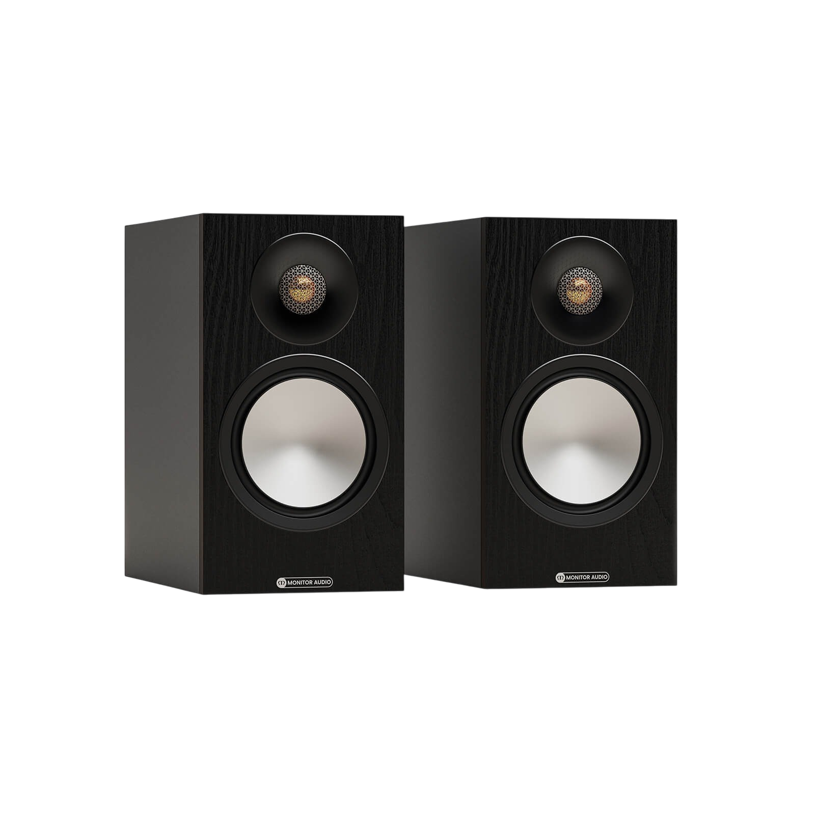 Salon 1 Audio pair of black Monitor Audio Bronze 50 7G bookshelf speakers with gold dome tweeters and silver drivers.