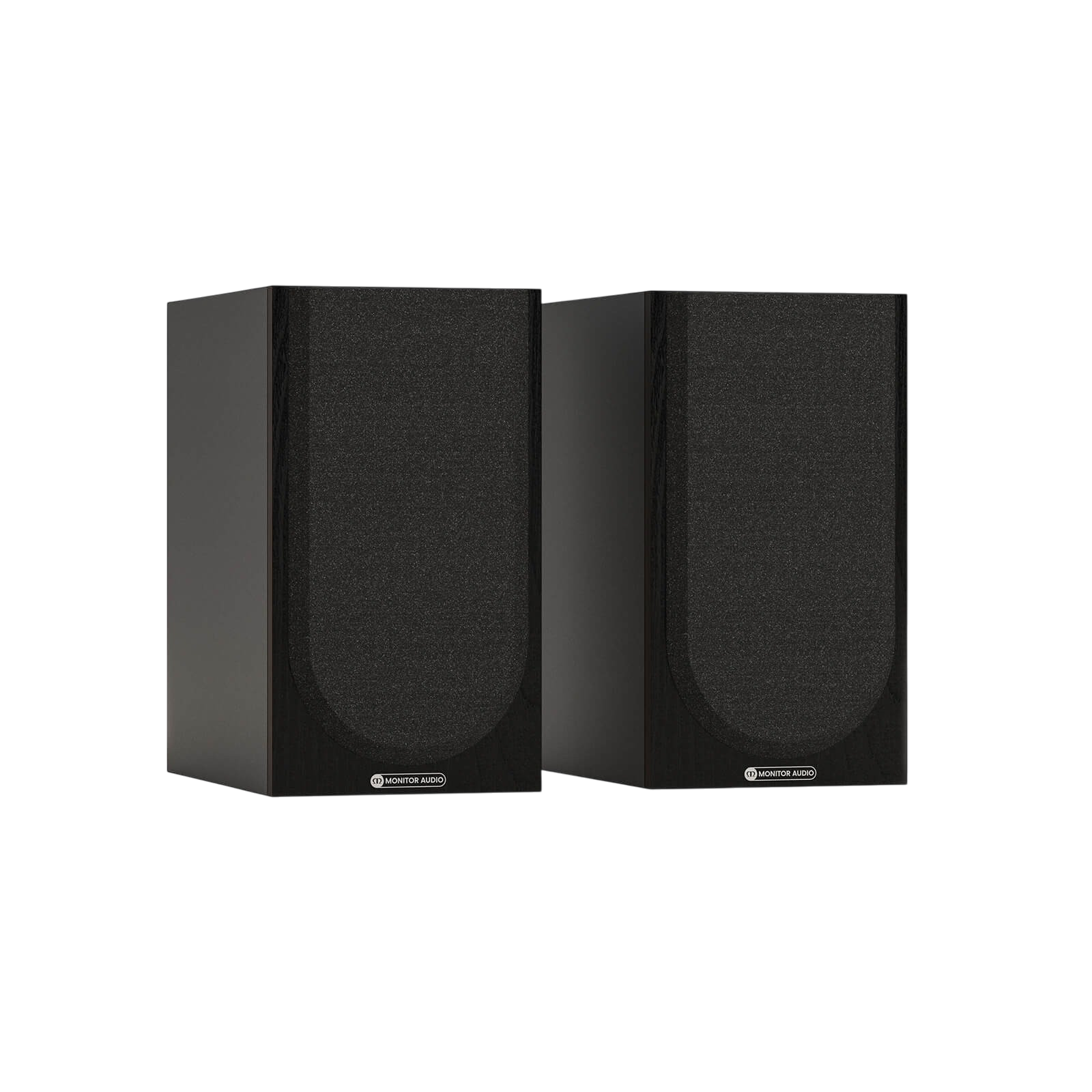 Salon 1 Audio Monitor Audio Bronze 50 7G black bookshelf speakers with grilles on, front view.