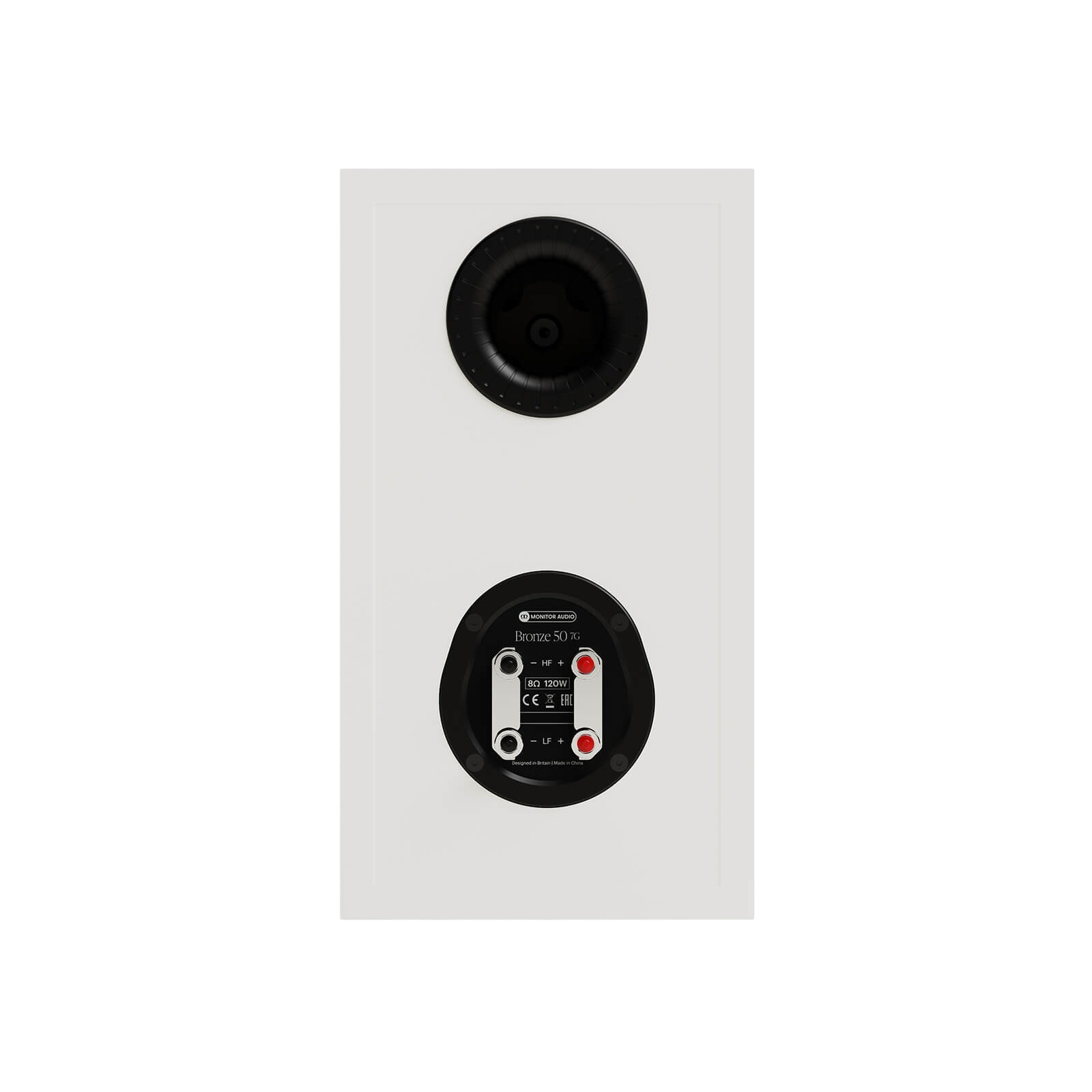 Salon 1 Audio Monitor Audio Bronze 50 7G white bookshelf speaker rear view showing bass reflex port and terminals