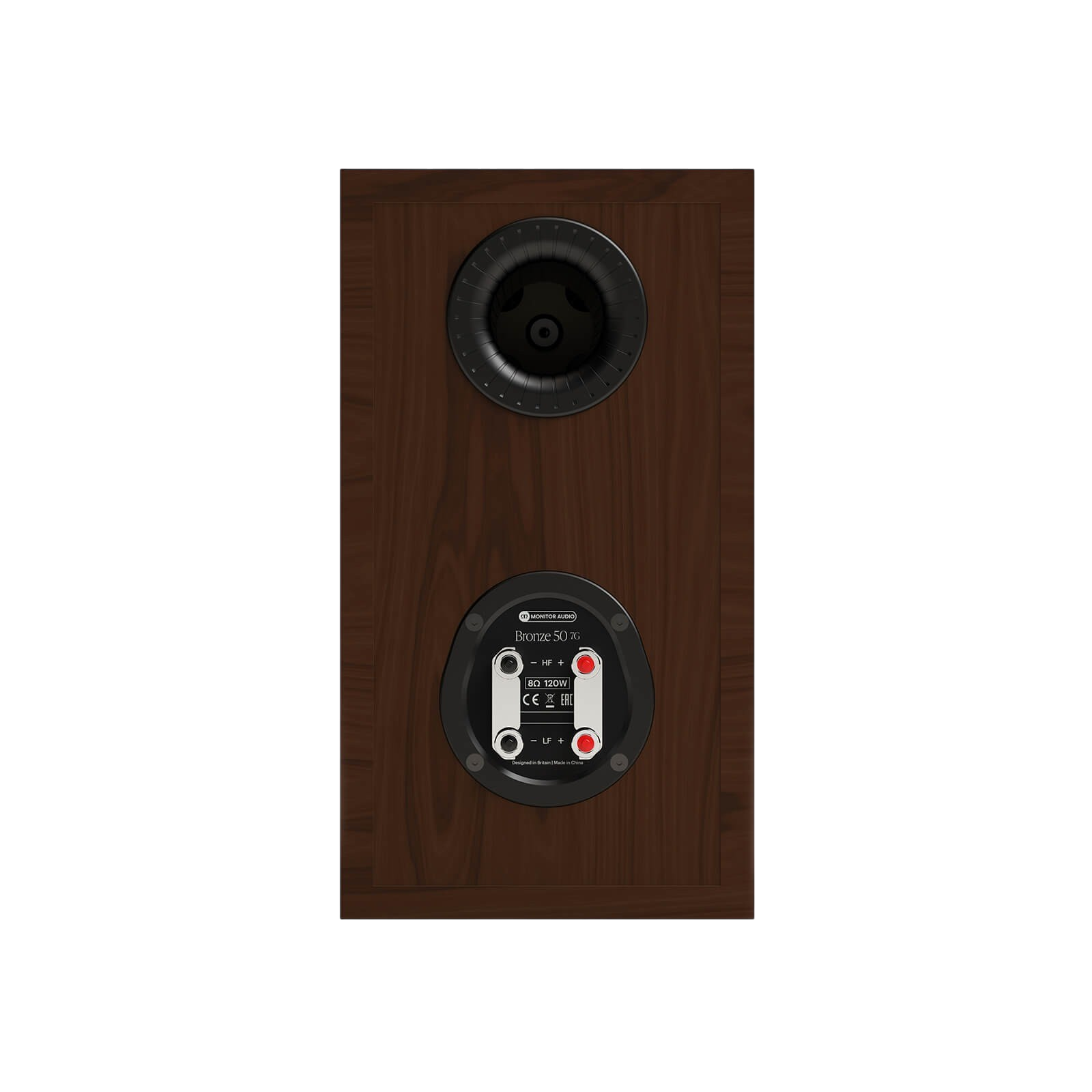 Salon 1 Audio Monitor Audio Bronze 50 7G bookshelf speaker rear view showing the bass reflex port and terminal inputs.