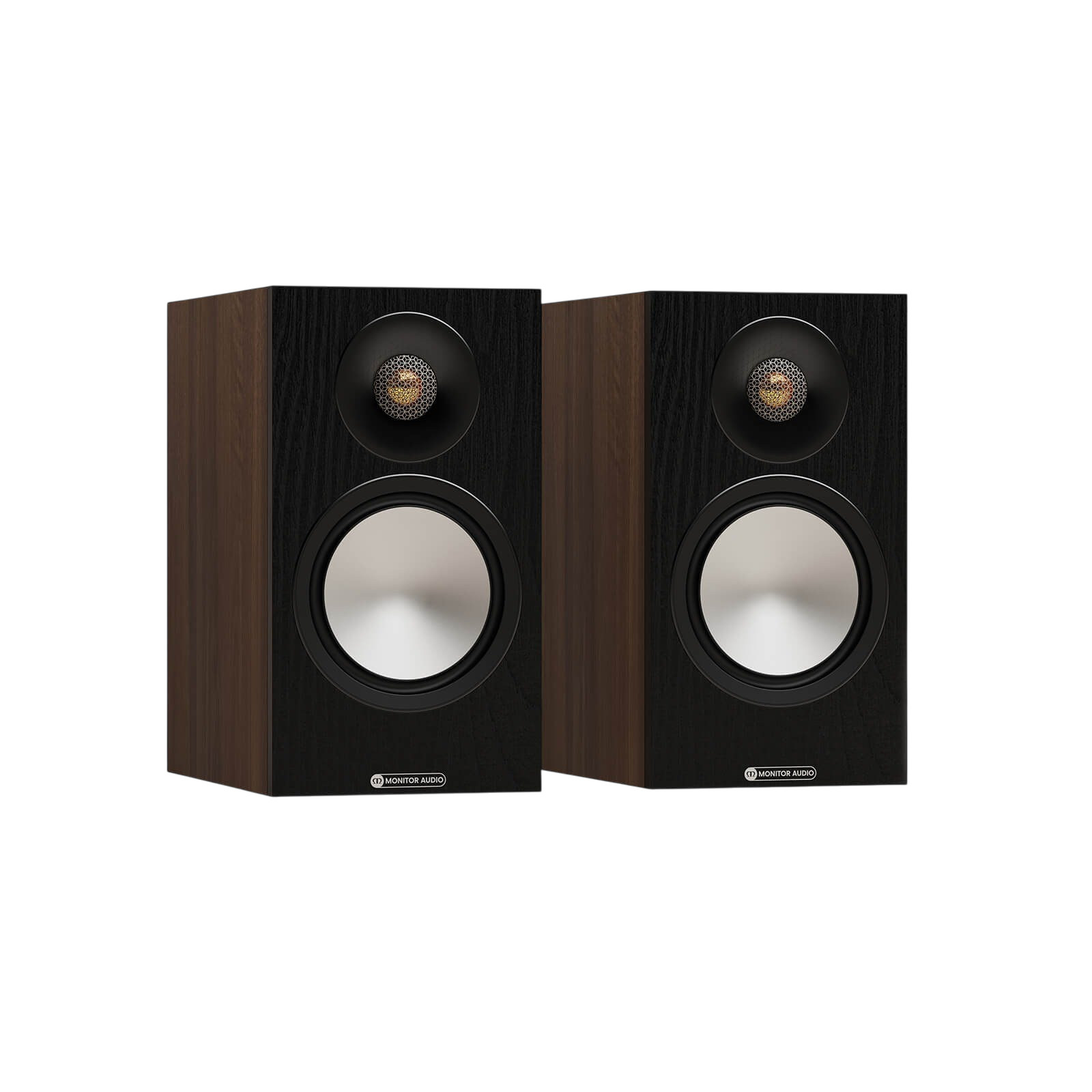Salon 1 Audio Monitor Audio Bronze 50 7G bookshelf speakers in a black wood finish with gold dome tweeters.