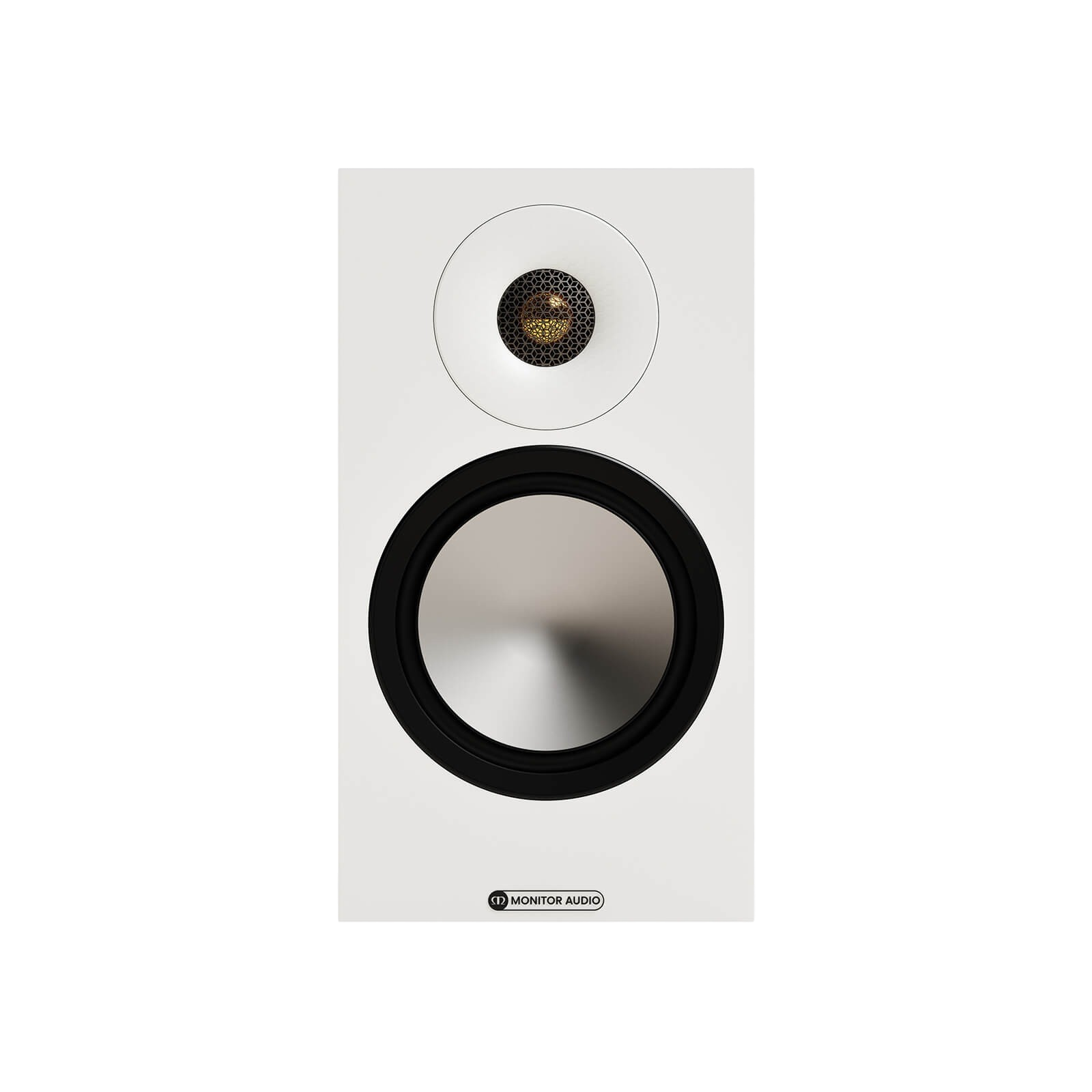 Salon 1 Audio Monitor Audio Bronze 50 7G white bookshelf speaker with gold dome tweeter and silver bass-mid driver