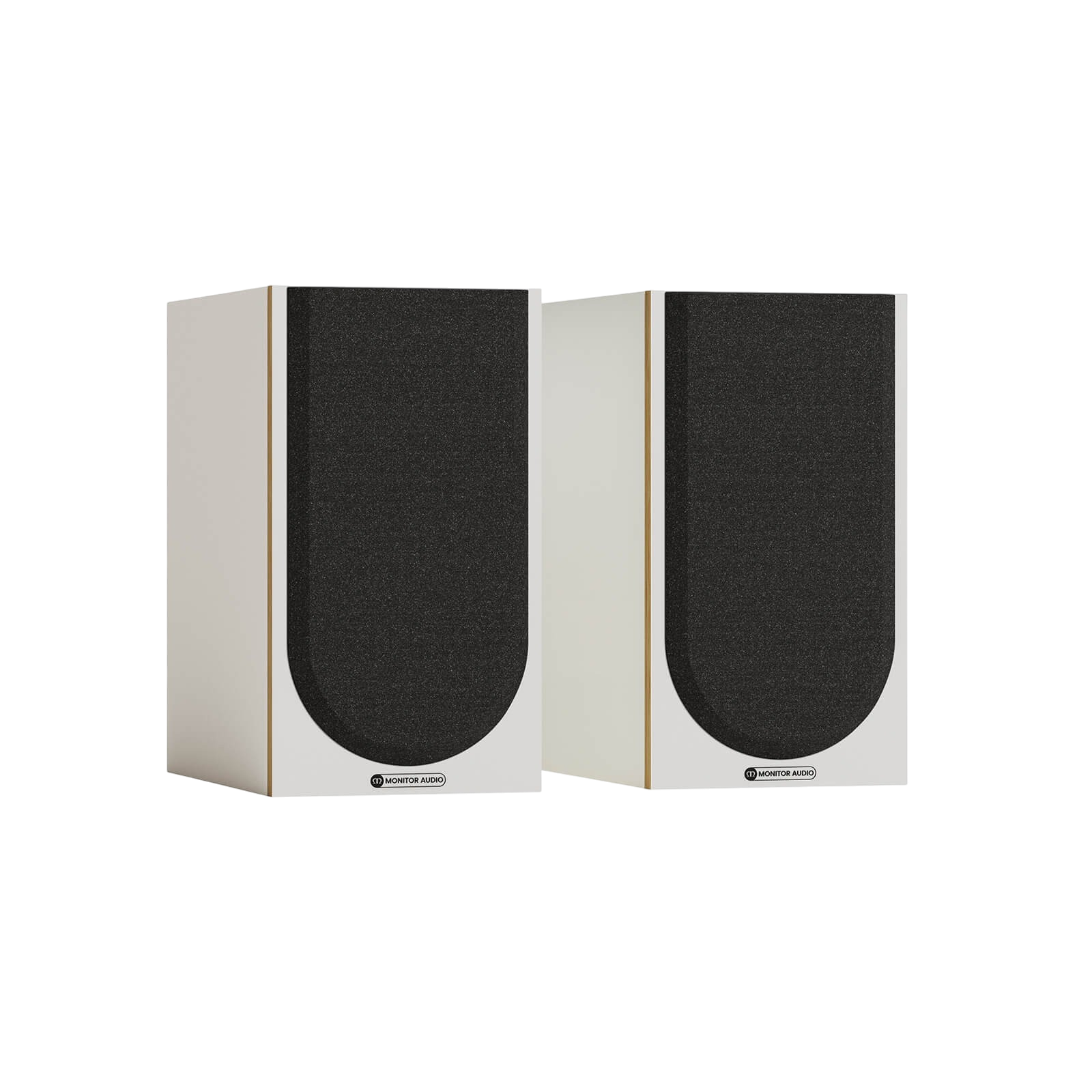Salon 1 Audio pair of white Monitor Audio Bronze 50 7G bookshelf speakers with black fabric grilles attached