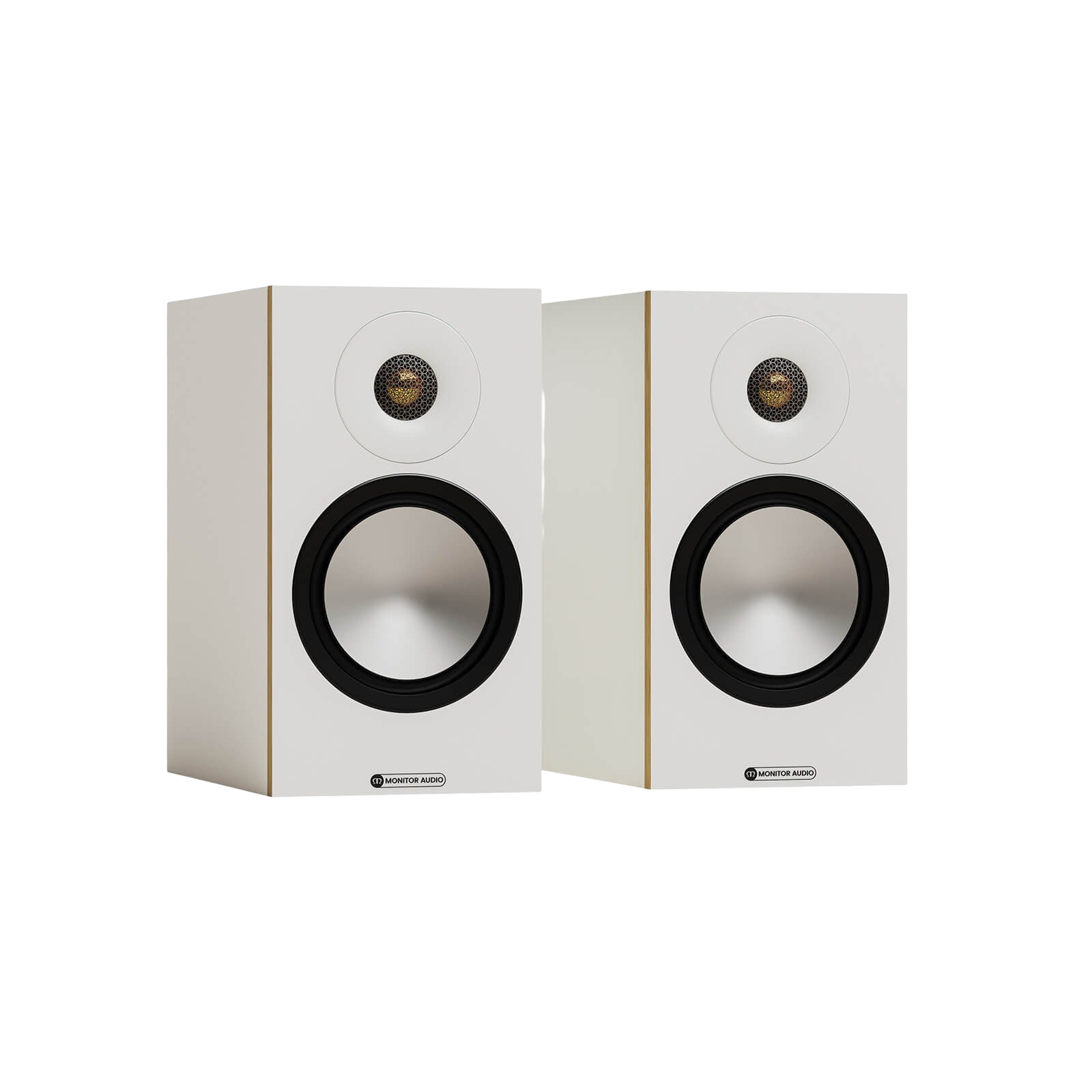 Salon 1 Audio pair of white Monitor Audio Bronze 50 7G bookshelf speakers with gold dome tweeters and C-CAM drivers.