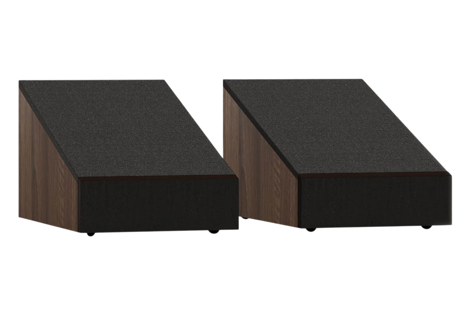 Salon 1 Audio Monitor Audio Bronze AMS 7G Dolby Atmos enabled speakers in walnut finish with black fabric grilles.