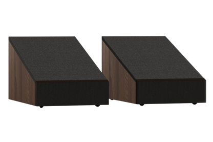 Salon 1 Audio Monitor Audio Bronze AMS 7G Dolby Atmos enabled speakers in walnut finish with black fabric grilles.