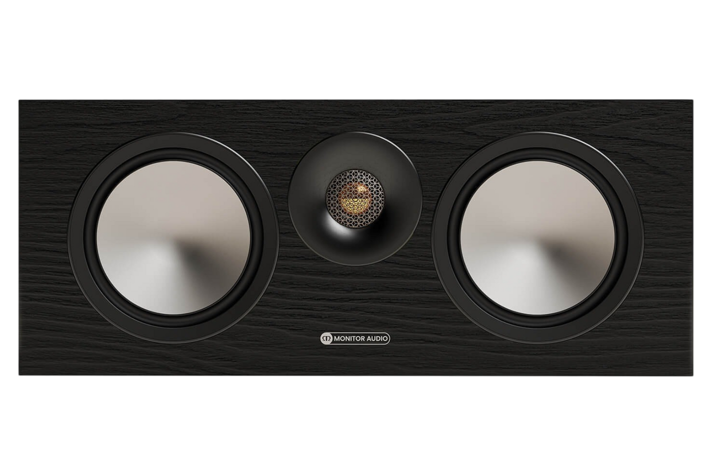 Salon 1 Audio Monitor Audio Bronze Centre 7G black center channel speaker with dual drivers and gold dome tweeter.