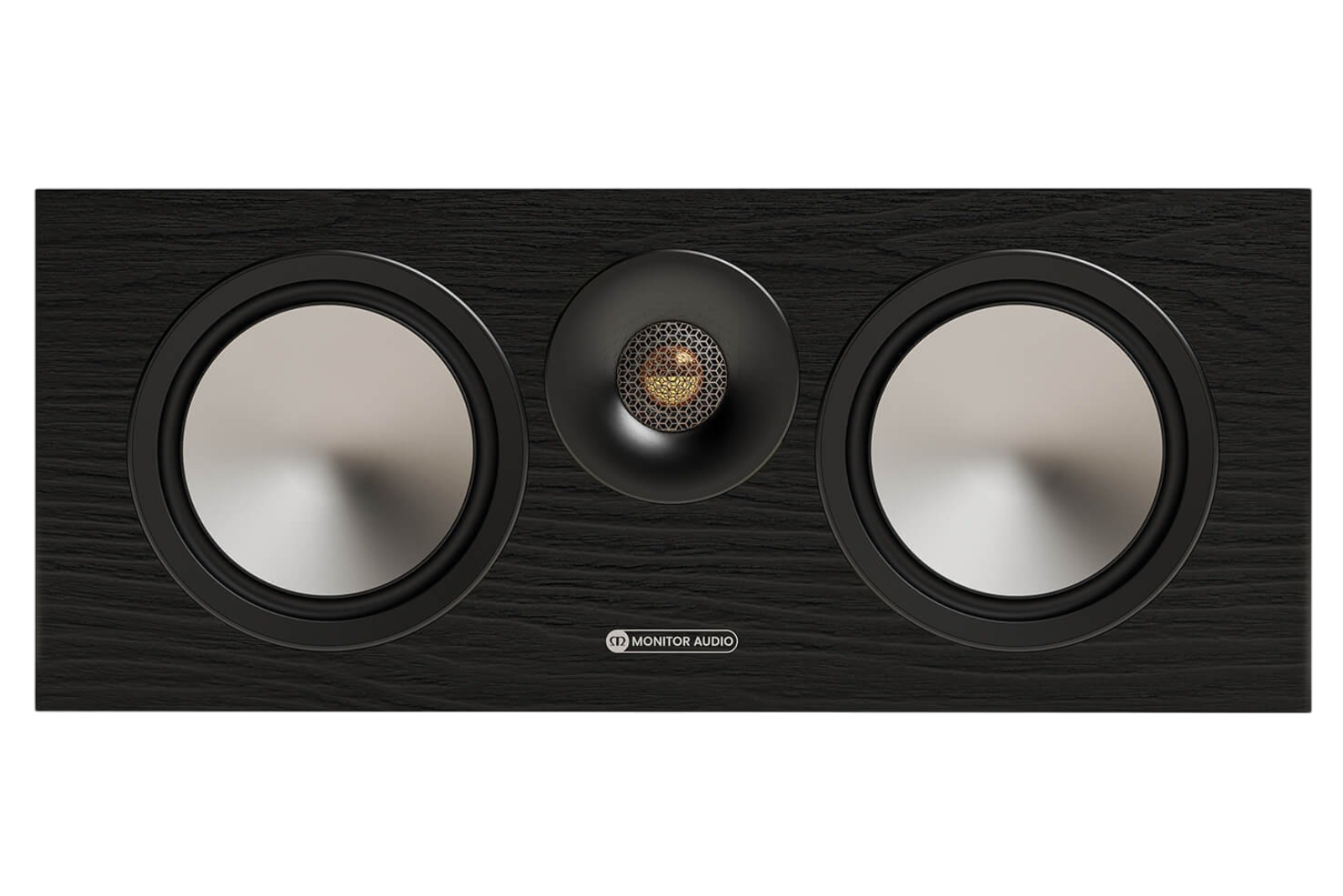 Salon 1 Audio Monitor Audio Bronze Centre 7G black center channel speaker with dual drivers and gold dome tweeter.