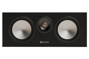 Salon 1 Audio Monitor Audio Bronze Centre 7G black center channel speaker with dual drivers and gold dome tweeter.