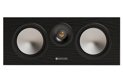 Salon 1 Audio Monitor Audio Bronze Centre 7G black center channel speaker with dual drivers and gold dome tweeter.