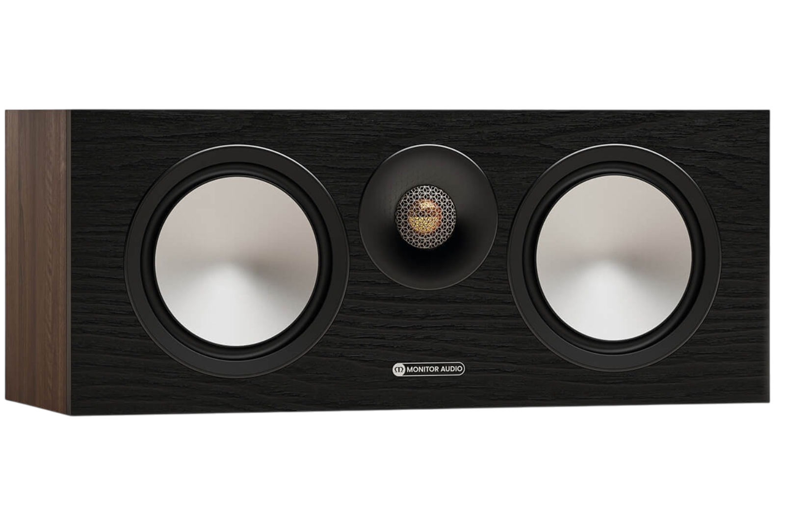 Salon 1 Audio Monitor Audio Bronze Centre 7G black center channel speaker with dual drivers and gold dome tweeter.