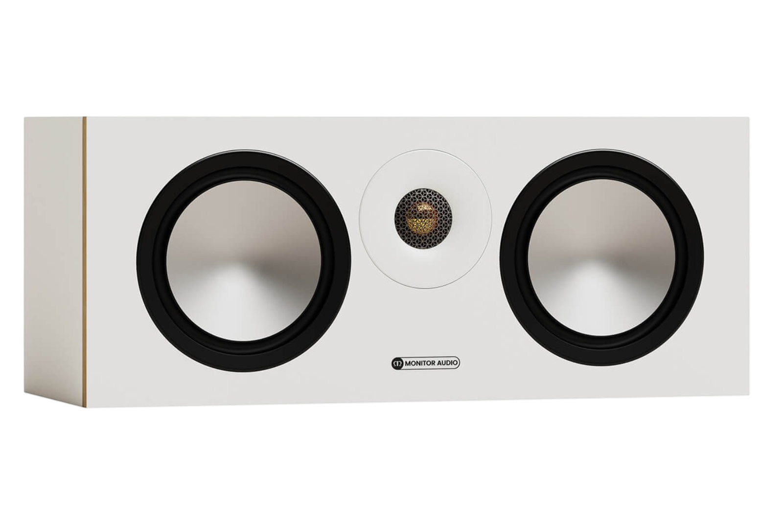 Salon 1 Audio Monitor Audio Bronze Centre 7G white center channel speaker with two drivers and a gold dome tweeter.
