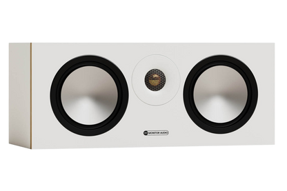 Salon 1 Audio Monitor Audio Bronze Centre 7G white center channel speaker with two drivers and a gold dome tweeter.