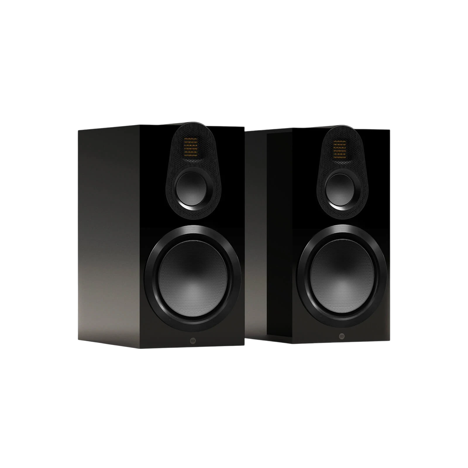 Salon 1 Audio Monitor Audio Gold 100 6G high-gloss black three-way bookshelf speakers with MPD III tweeters.