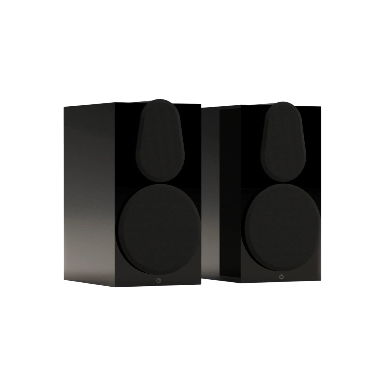 Salon 1 Audio Monitor Audio Gold 100 6G bookshelf speakers in high-gloss black with magnetic grilles attached.