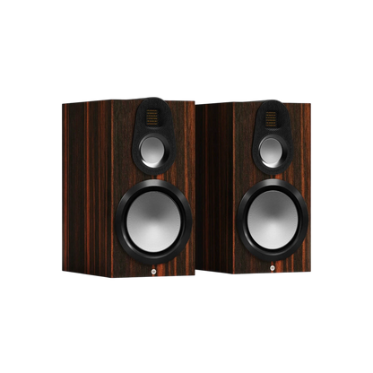 Salon 1 Audio Monitor Audio Gold 100 6G three-way bookshelf speakers in a premium Macassar wood veneer finish.
