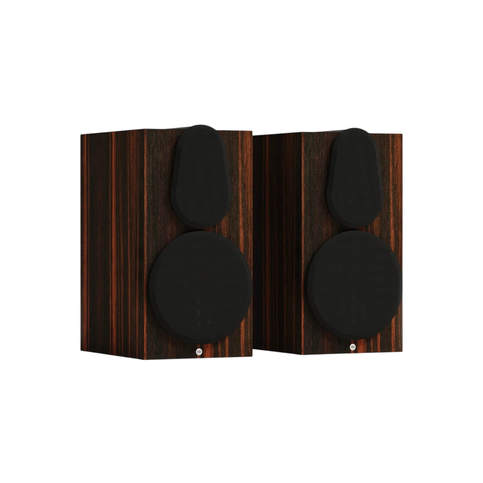 Salon 1 Audio Monitor Audio Gold 100 6G bookshelf speakers in Macassar wood veneer with magnetic grilles attached
