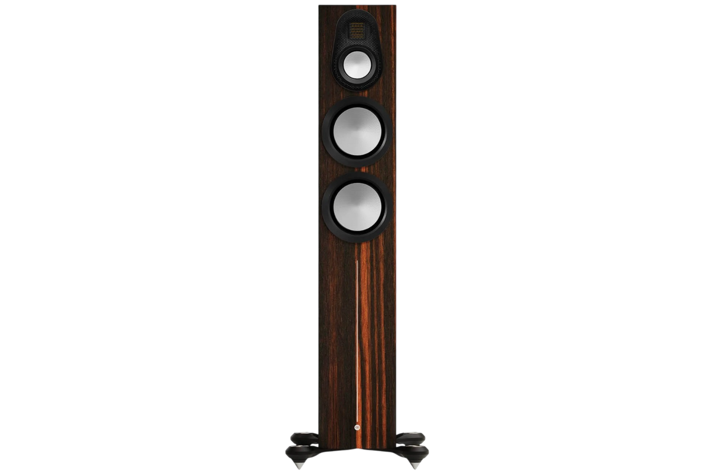 Salon 1 Audio Monitor Audio Gold 300 6G floorstanding speaker in Macassar wood veneer with silver C-CAM drivers.