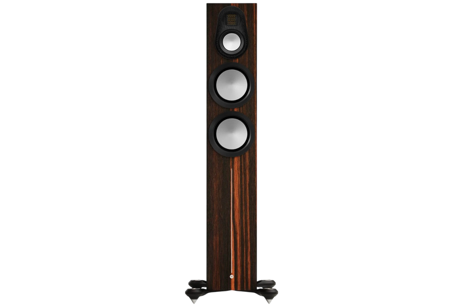 Salon 1 Audio Monitor Audio Gold 300 6G floorstanding speaker in Macassar wood veneer with silver C-CAM drivers.