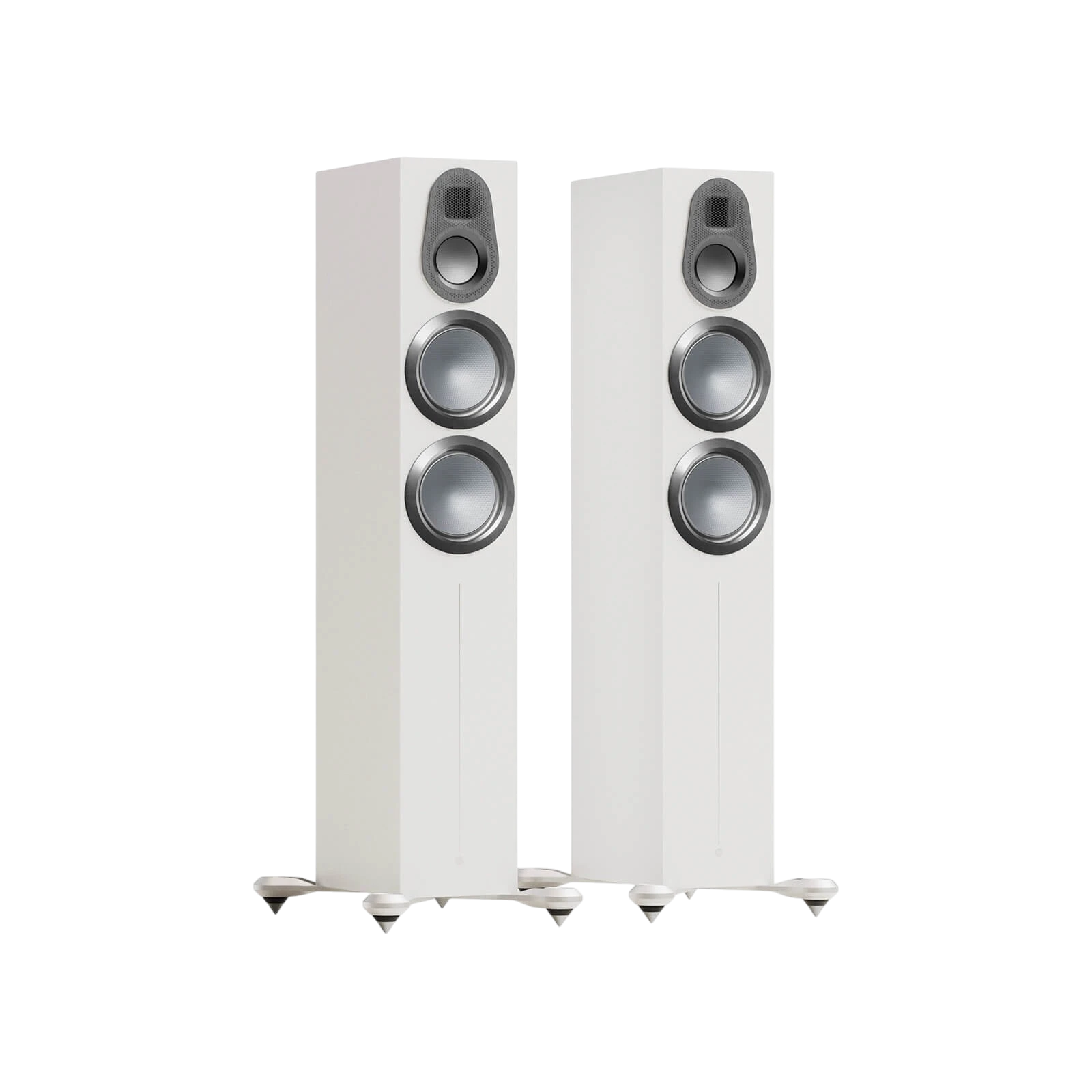 Salon 1 Audio Monitor Audio Gold 300 6G floorstanding speakers in satin white with three-way driver configuration.