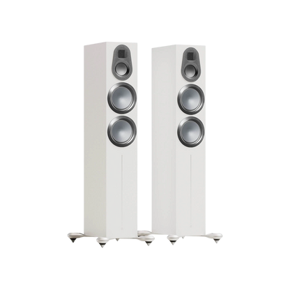Salon 1 Audio Monitor Audio Gold 300 6G floorstanding speakers in satin white with three-way driver configuration.