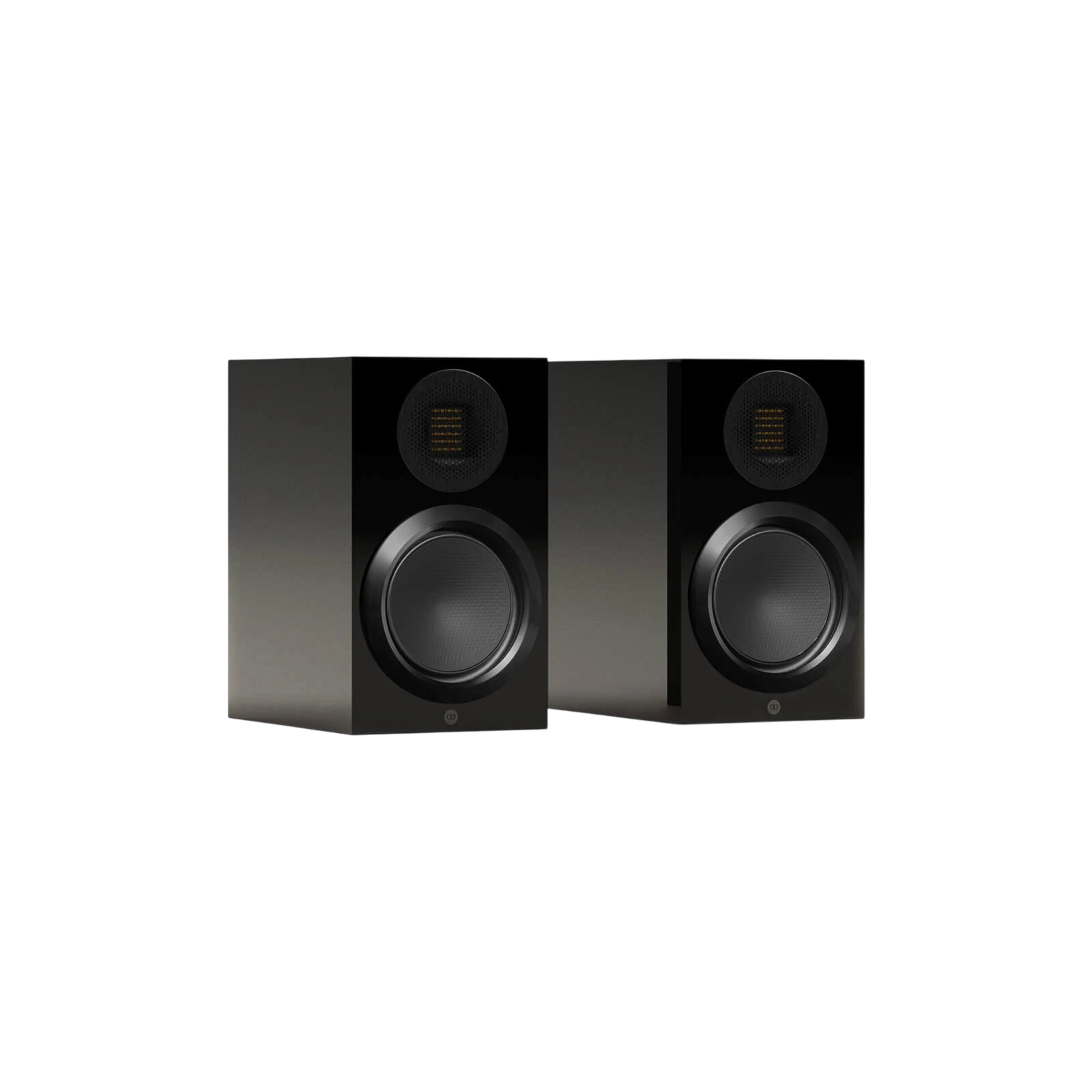 Salon 1 Audio Monitor Audio Gold 50 6G high-gloss black bookshelf speakers featuring MPD III tweeter and C-CAM driver.