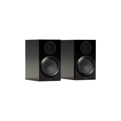 Salon 1 Audio Monitor Audio Gold 50 6G high-gloss black bookshelf speakers featuring MPD III tweeter and C-CAM driver.