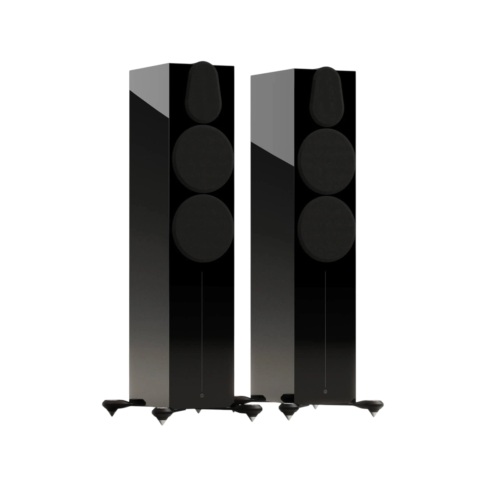 Salon 1 Audio Monitor Audio Gold 500 6G floorstanding speakers in a high-gloss black finish with magnetic grilles.