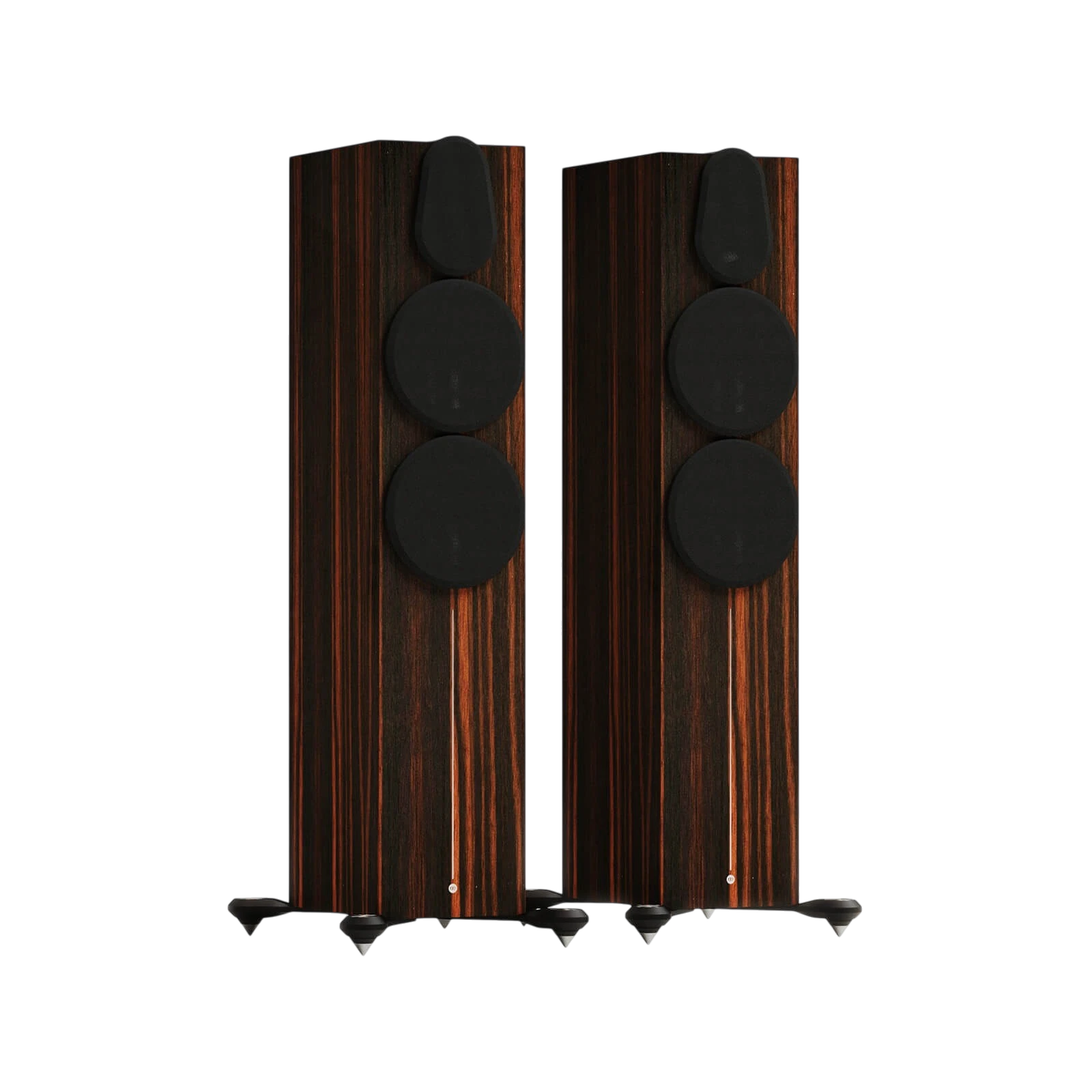 Salon 1 Audio Monitor Audio Gold 500 6G floorstanding speakers in Macassar wood veneer with magnetic grilles attached.