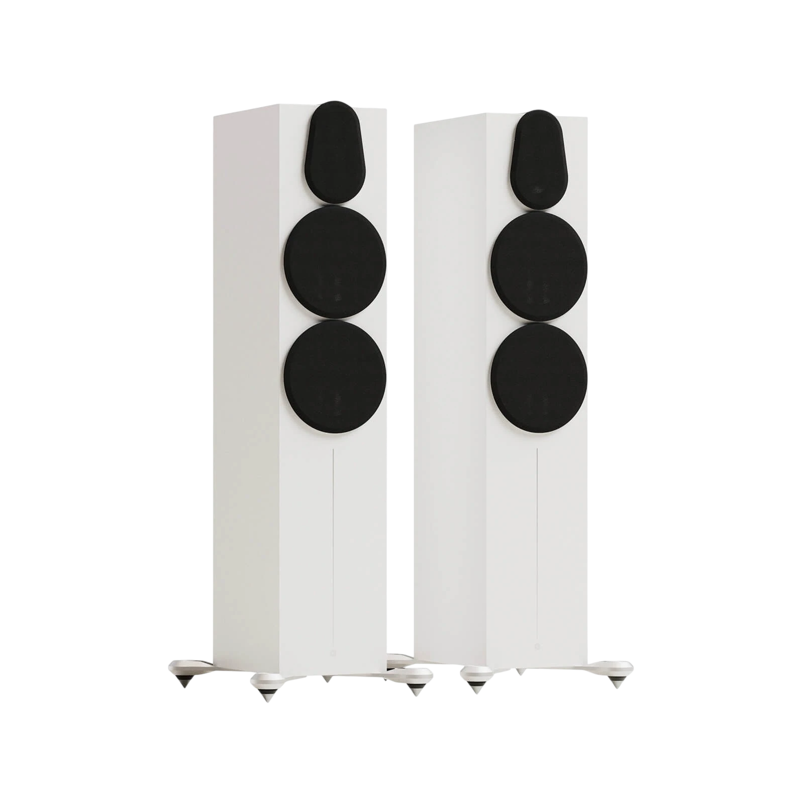 Salon 1 Audio Monitor Audio Gold 500 6G floorstanding speakers in satin white with black magnetic grilles attached.