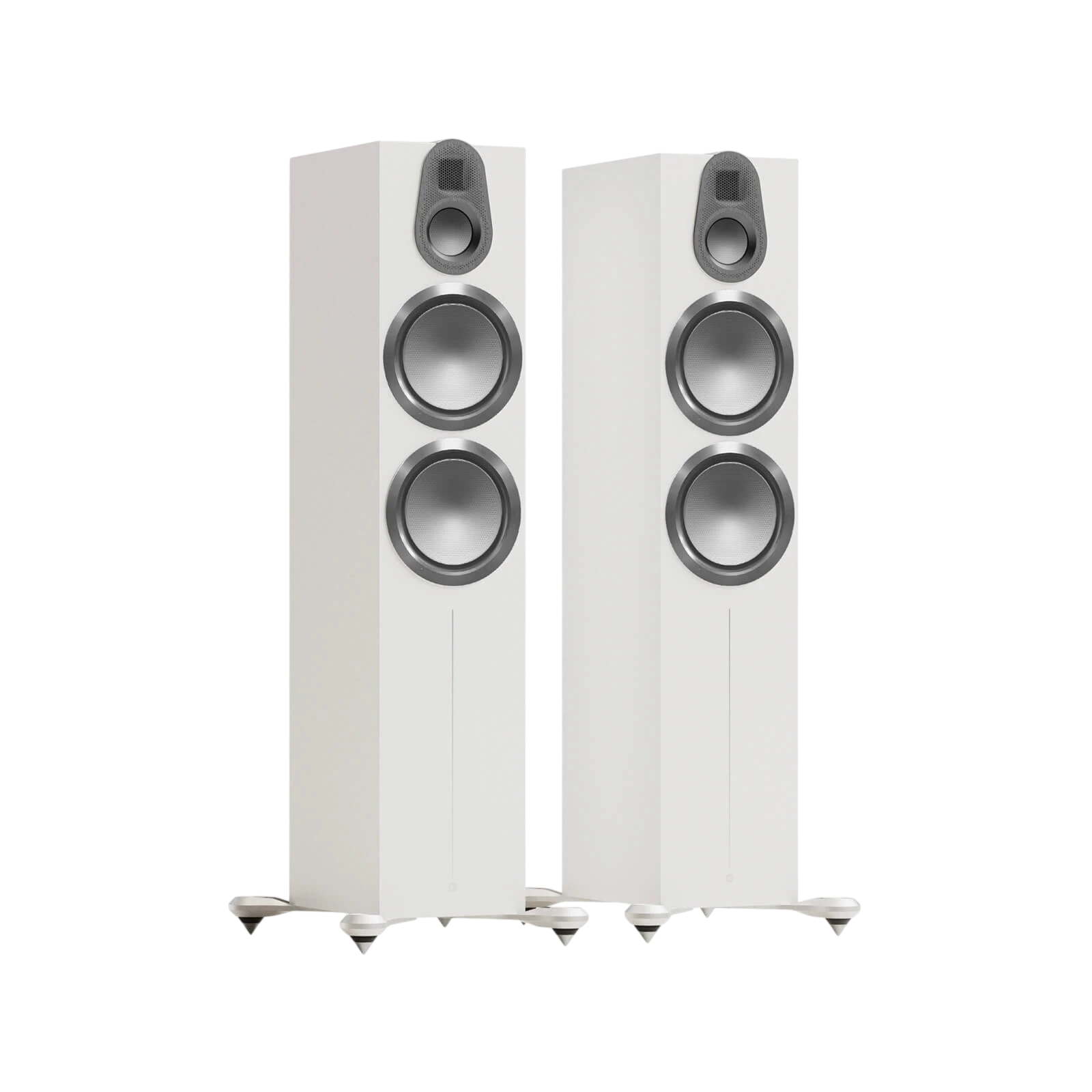 Salon 1 Audio Monitor Audio Gold 500 6G floorstanding speakers in satin white with MPD III tweeter and C-CAM drivers.