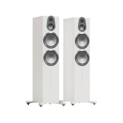 Salon 1 Audio Monitor Audio Gold 500 6G floorstanding speakers in satin white with MPD III tweeter and C-CAM drivers.