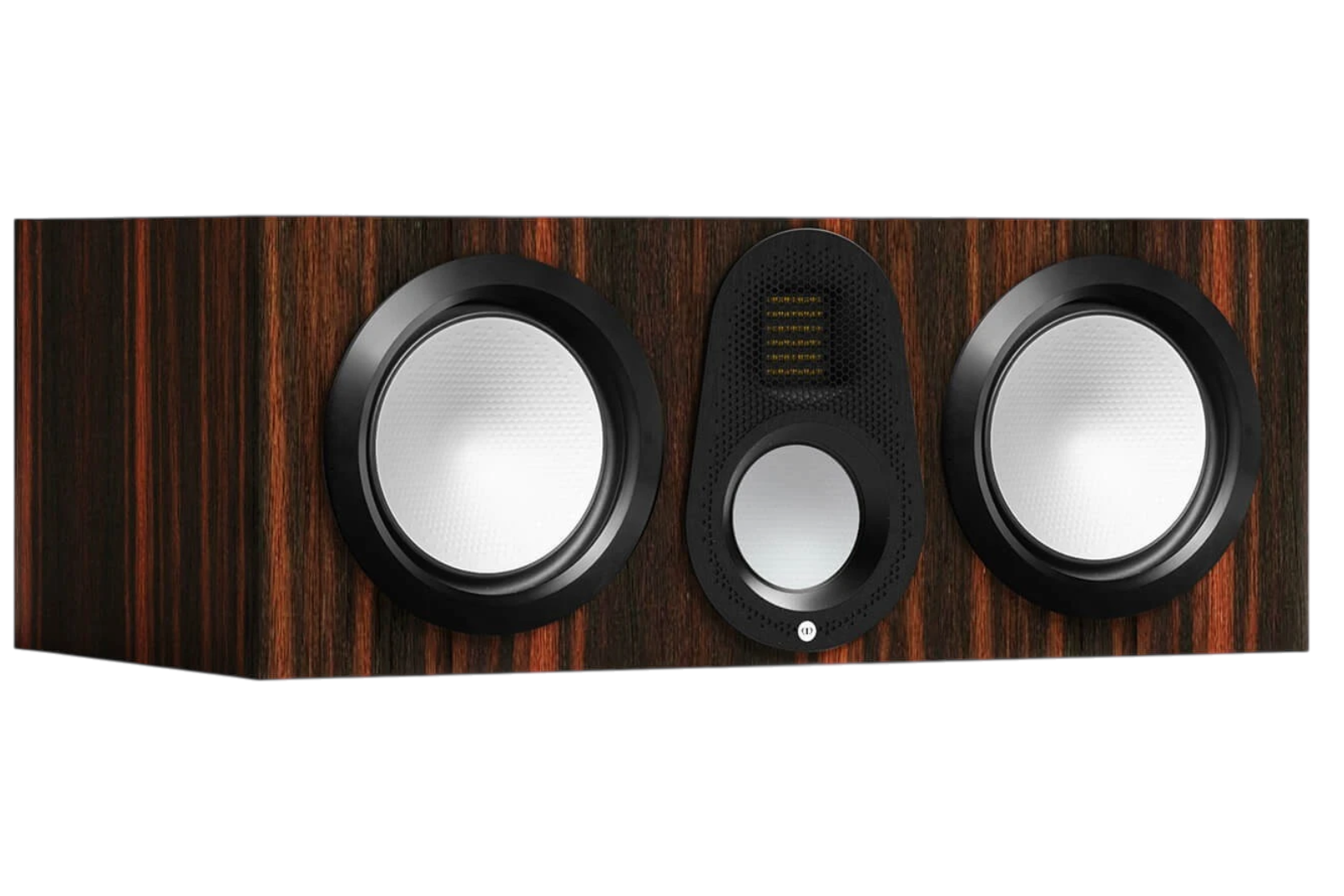 Salon 1 Audio Monitor Audio Gold C250 6G center channel speaker in a dark Macassar wood veneer finish.