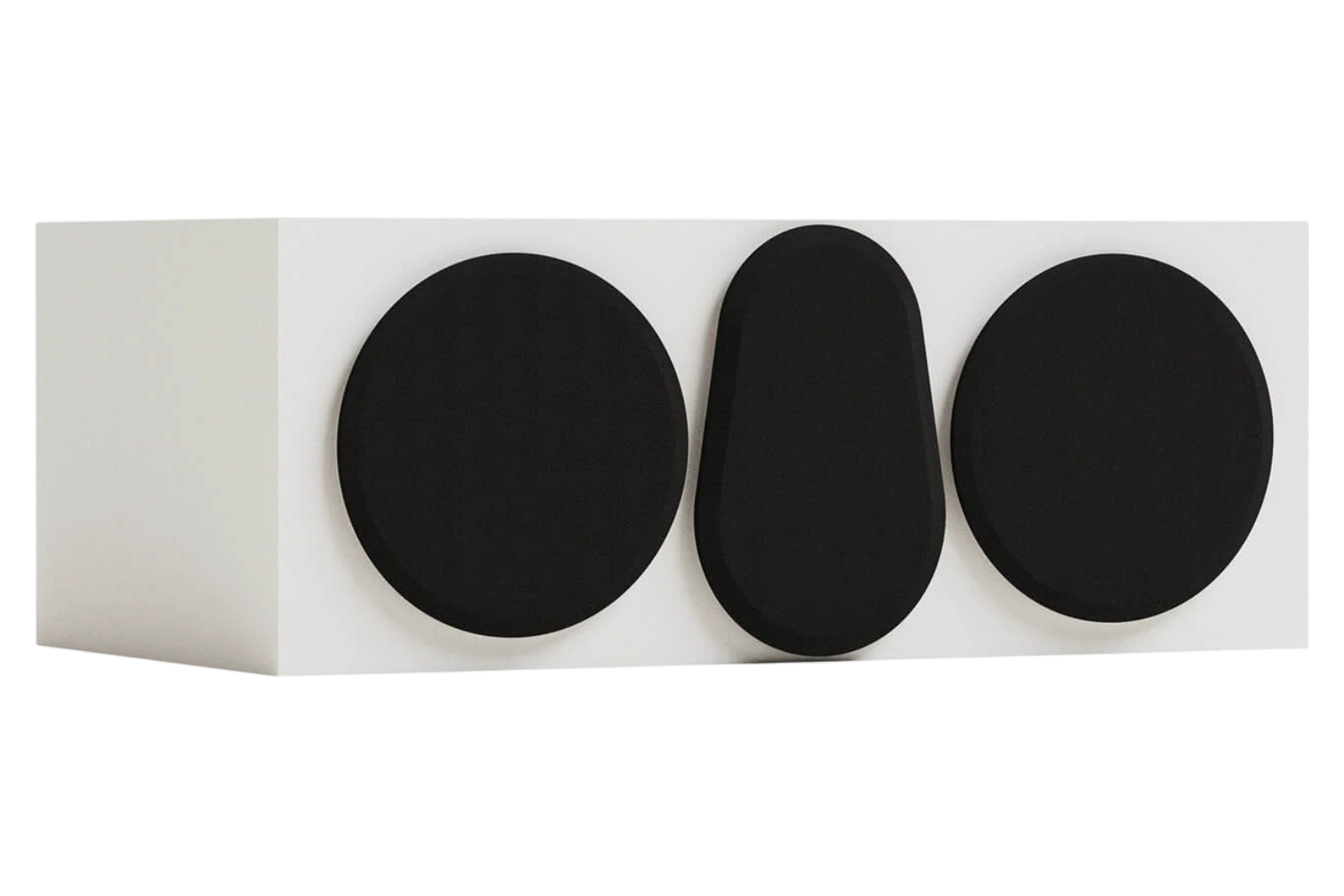 Salon 1 Audio Monitor Audio Gold C250 6G center channel speaker in satin white with black magnetic grilles attached.