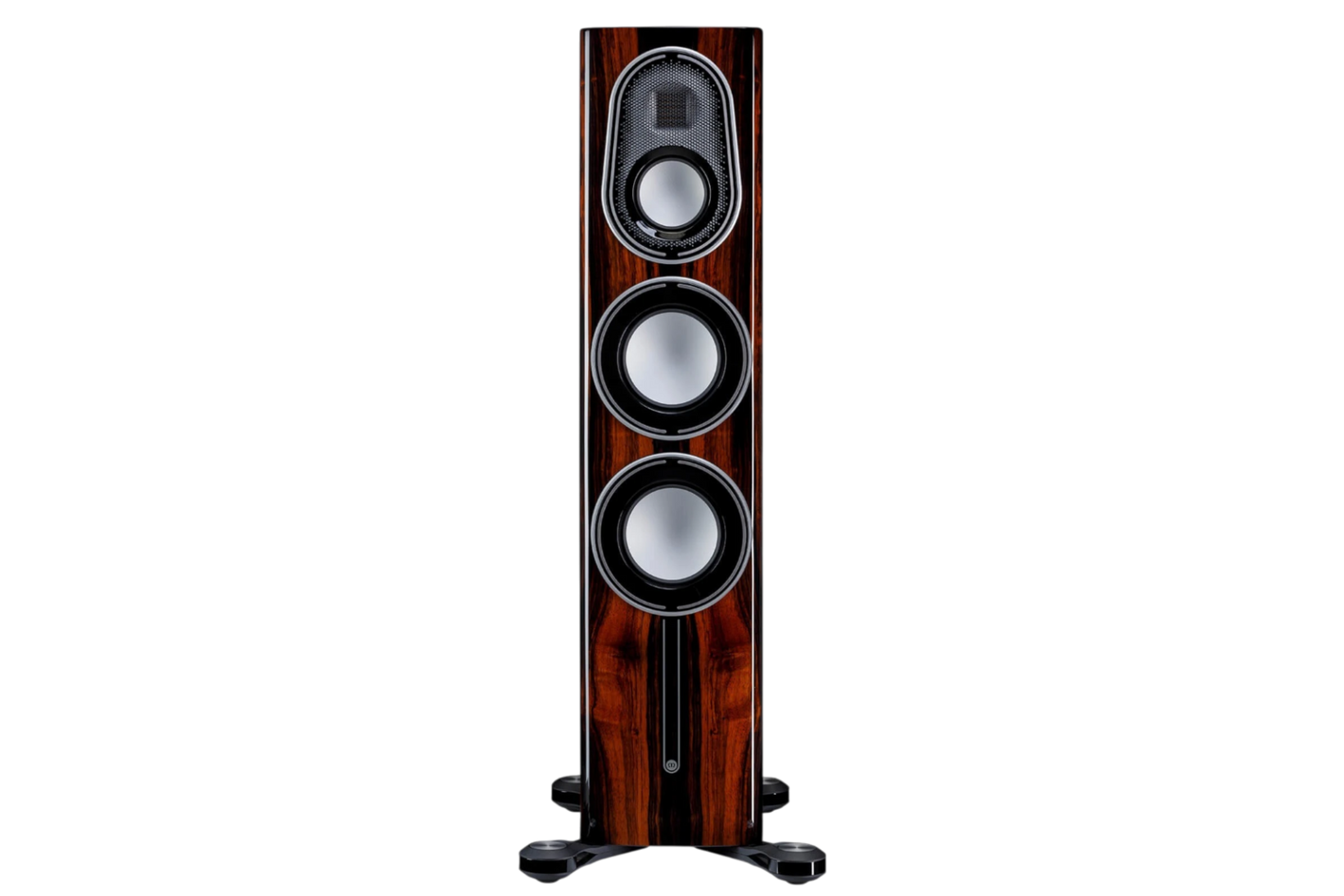 Salon 1 Audio Monitor Audio Platinum 200 3G floorstanding speaker in a glossy dark wood finish with silver drivers.