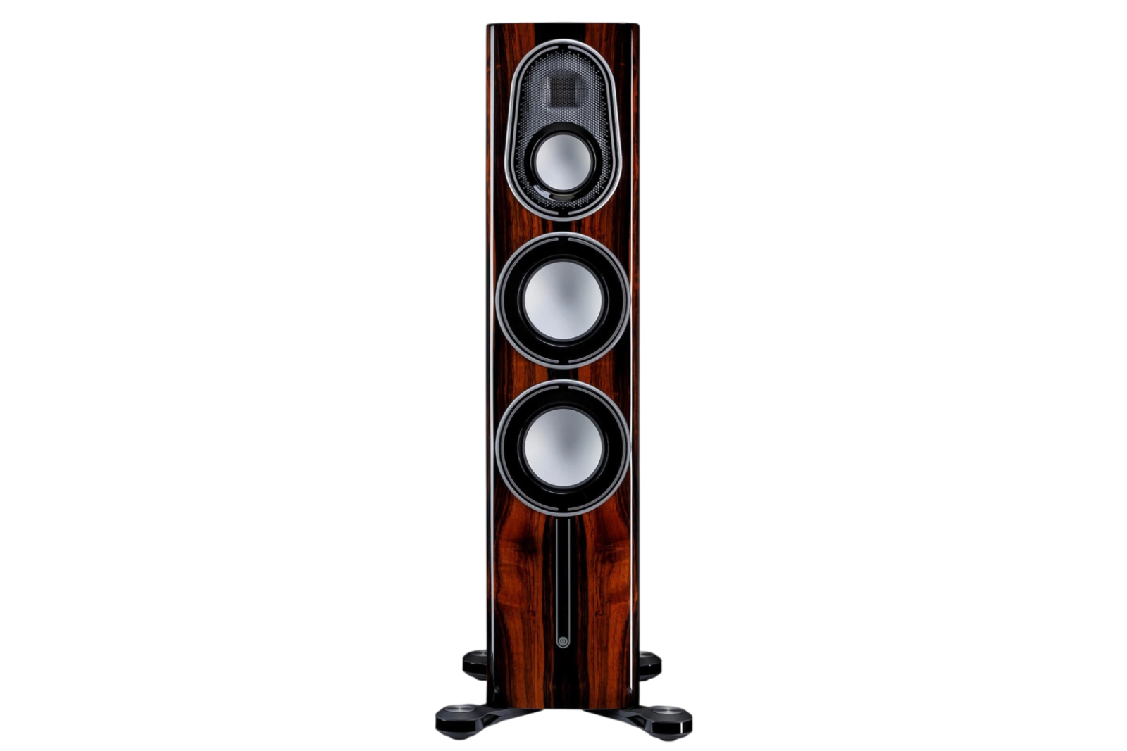 Salon 1 Audio Monitor Audio Platinum 200 3G floorstanding speaker in a glossy dark wood finish with silver drivers.