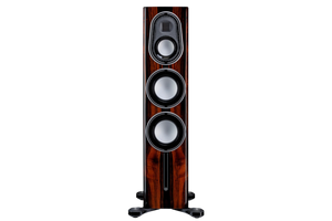 Salon 1 Audio Monitor Audio Platinum 200 3G floorstanding speaker in a glossy dark wood finish with silver drivers.