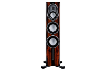 Salon 1 Audio Monitor Audio Platinum 200 3G floorstanding speaker in a glossy dark wood finish with silver drivers.